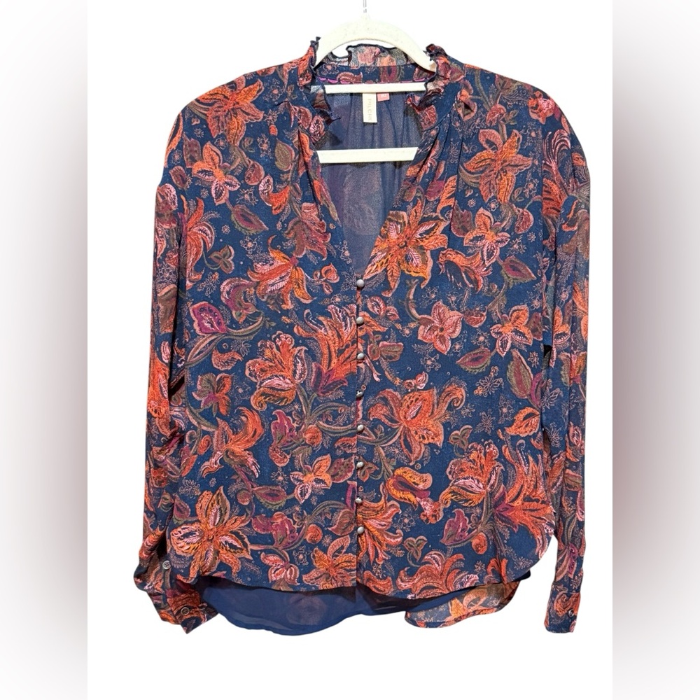 Anthropologie Pilcro The Tavi Floral Buttondown Shirt Top Sz S Blue & Rust